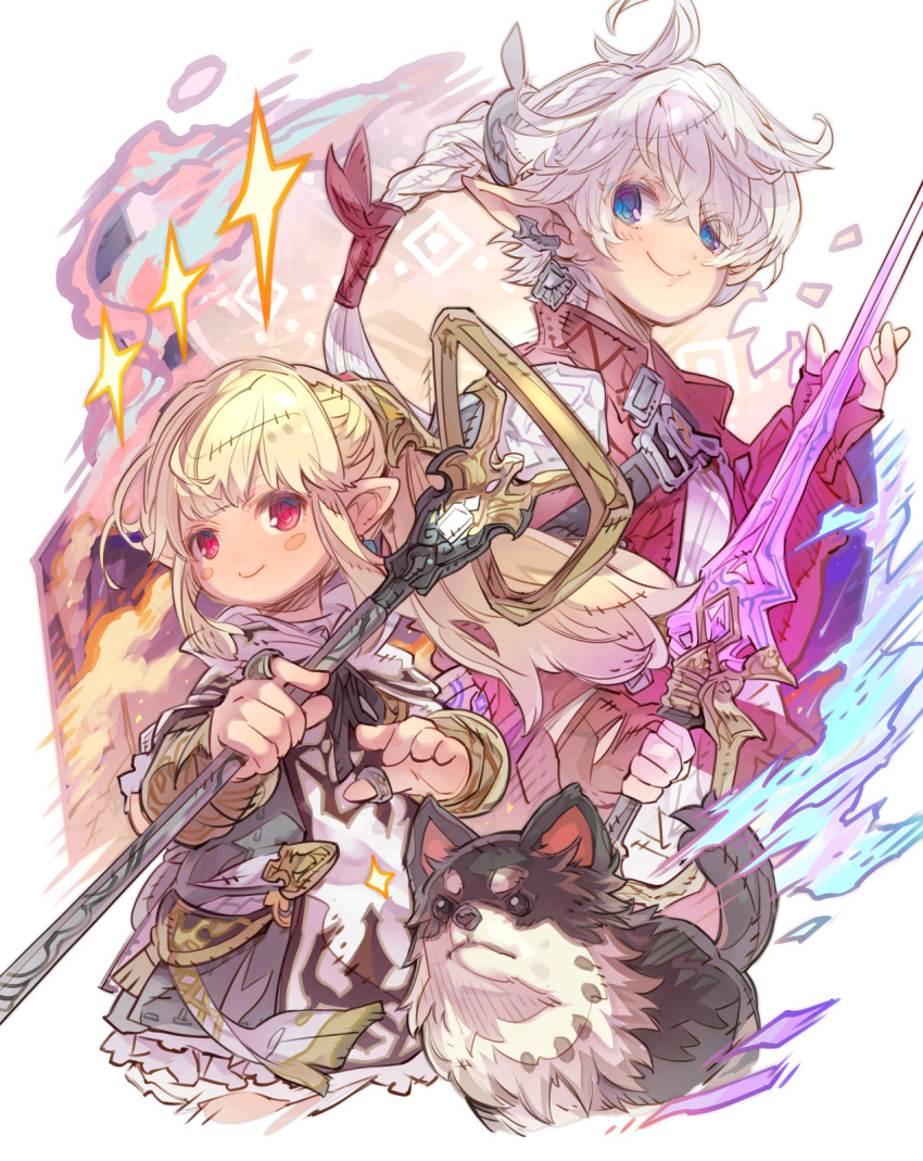 animal bangs blonde_hair blue_eyes blush_stickers closed_mouth commentary_request dog dress eyes_visible_through_hair final_fantasy final_fantasy_xiv fingerless_gloves gloves grey_dress hair_over_one_eye haku_(sabosoda) highres holding holding_staff holding_sword holding_weapon lalafell long_hair ponytail puffy_short_sleeves puffy_sleeves red_eyes red_gloves red_vest shirt short_sleeves smile staff sword vest weapon white_hair white_shirt