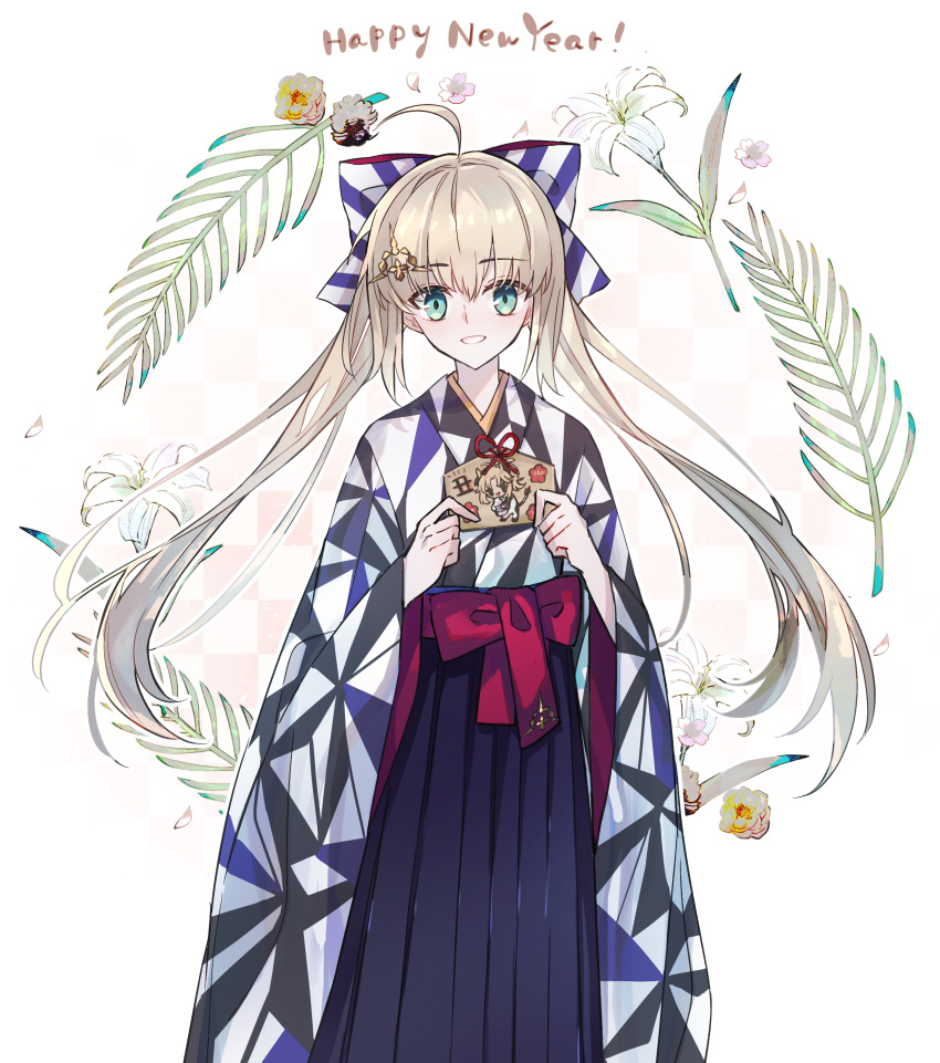 1girl absurdres ahoge artoria_caster_(fate) artoria_caster_(springtime_koto_strings)_(fate) artoria_pendragon_(fate) bangs belt blonde_hair blue_kimono blush breasts fate_(series) flower green_eyes hair_ornament hakama hakama_skirt highres japanese_clothes kimono long_hair long_sleeves looking_at_viewer nayu_tundora open_mouth red_belt sash skirt small_breasts smile solo twintails white_flower wide_sleeves