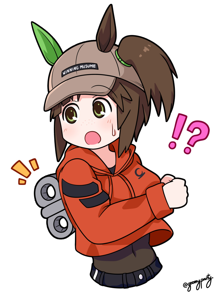 1girl :o absurdres animal_ears arawi_keiichi_(style) bangs bodystocking breasts brown_hair commentary_request covered_navel cropped_hoodie cropped_torso drawstring ear_covers freckles goom_(goomyparty) green_eyes hair_through_headwear hat highres hood hood_down hoodie horse_ears horse_girl ines_fujin_(umamusume) long_hair long_sleeves looking_back nichijou notice_lines open_mouth orange_hoodie partial_commentary shinonome_nano side_ponytail sidelocks signature simple_background single_ear_cover solo umamusume white_background winding_key
