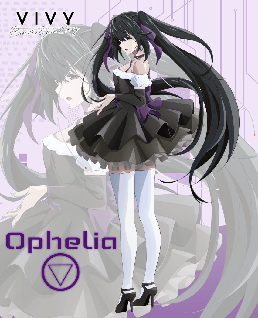 1girl bangs black_dress black_footwear black_hair bow character_name copyright_name dress floating_hair from_side full_body hair_between_eyes hair_bow high_heels highres layered_dress long_hair long_sleeves off-shoulder_dress off_shoulder open_mouth ophelia_(vivy) pleated_dress pumps purple_bow red_eyes solo standing tanaka_(vucc2522) thigh-highs twintails very_long_hair vivy:_fluorite_eye's_song white_thighhighs zettai_ryouiki zoom_layer