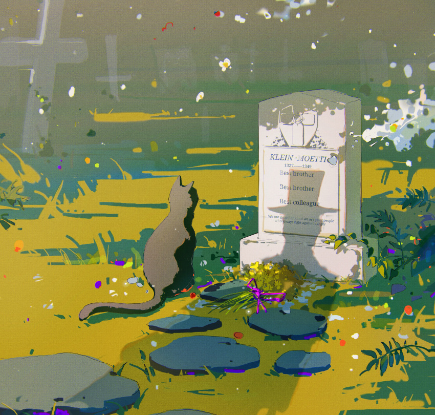1boy absurdres black_cat cat cobblestone cross english_text falling_petals flower grass graveyard hat highres klein_moretti lord_of_the_mysteries out_of_frame petals plant shadow tombstone user_hwjs7275