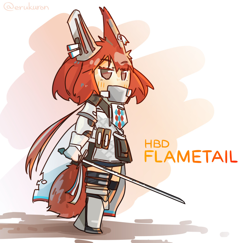 1girl absurdres animal_ears arknights armor bangs blush brown_eyes commentary_request flametail_(arknights) full_body gauntlets highres holding holding_sword holding_weapon lcron long_hair looking_ahead multiple_girls redhead sidelocks solo squirrel_ears squirrel_girl squirrel_tail standing sword tail thigh_strap twitter_username weapon