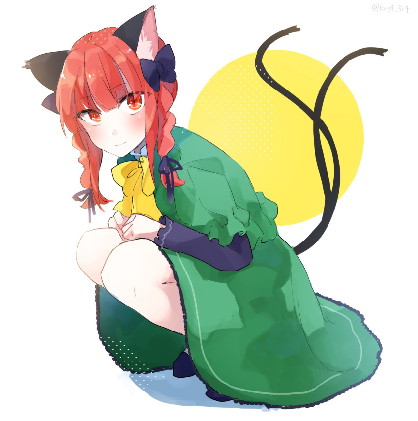 1girl adapted_costume animal_ears bow braid cat_ears cat_tail dress green_dress highres kaenbyou_rin kuroda_(chokobo_314) light_smile looking_at_viewer multiple_tails red_eyes redhead solo squatting tail touhou twin_braids twitter_username two_tails