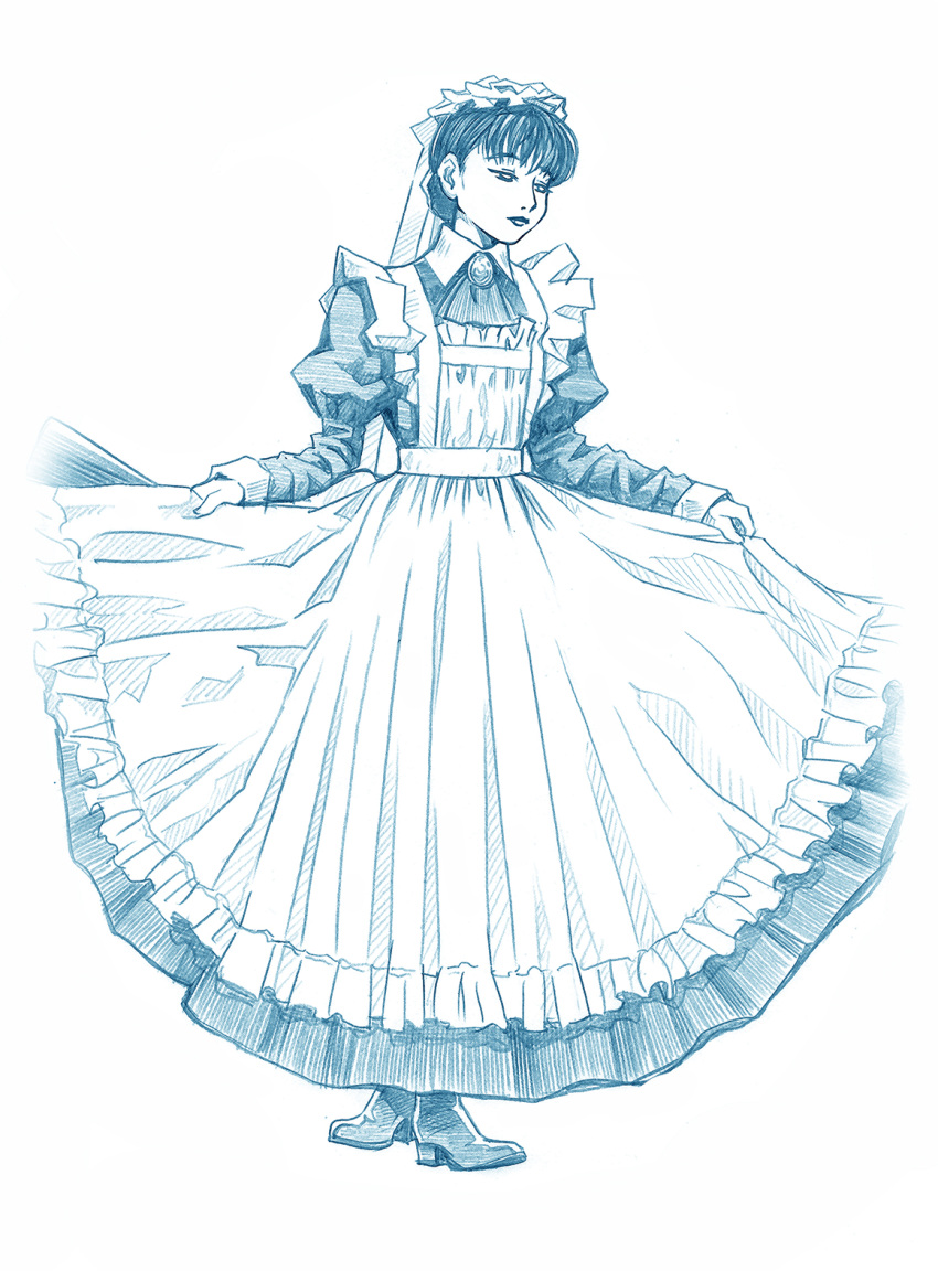 1girl apron bbb_(friskuser) boots closed_mouth commentary_request dress full_body half-closed_eyes highres juliet_sleeves lips long_dress long_sleeves looking_afar maid maid_apron monochrome original puffy_sleeves short_hair skirt_hold solo victorian_maid