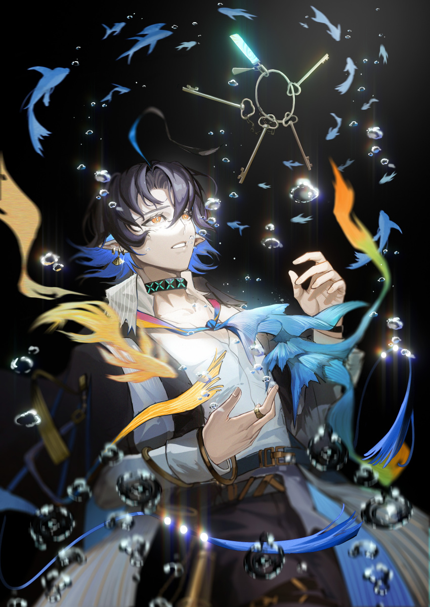 1boy absurdres arknights ascot bangs belt black_background black_hair blue_ascot blue_hair bubble choker collared_shirt diao_bu_landuo earrings fish highres jewelry keyring looking_up lumen_(arknights) multicolored_hair pointy_ears ring shirt simple_background solo two-tone_hair white_shirt yellow_eyes