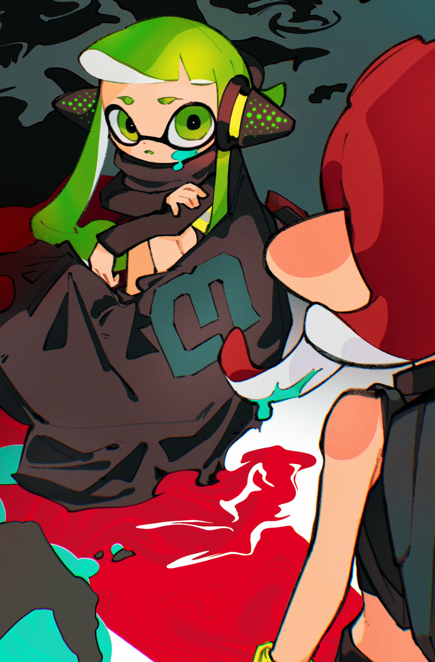 2girls absurdres agent_3_(splatoon) agent_8_(splatoon) bare_shoulders black_cape cape colored_tongue frown green_eyes green_hair green_tongue headgear high-visibility_vest highres inari1369 inkling inkling_girl long_hair long_sleeves looking_at_another multiple_girls octoling octoling_girl open_mouth redhead sitting splatoon_(series) splatoon_2 splatoon_2:_octo_expansion squidbeak_splatoon suction_cups tentacle_hair torn_cape torn_clothes