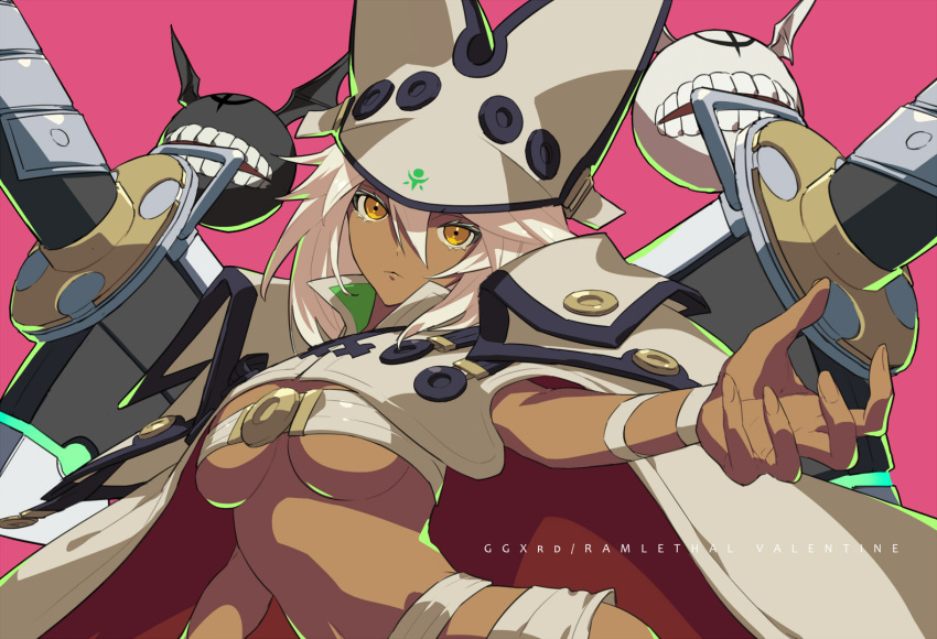 1girl belly breasts cape creature dark-skinned_female dark_skin guilty_gear guilty_gear_xrd hat huge_weapon lucifero medium_breasts ramlethal_valentine red_background short_hair shorts solo sword talgi weapon white_hair yellow_eyes