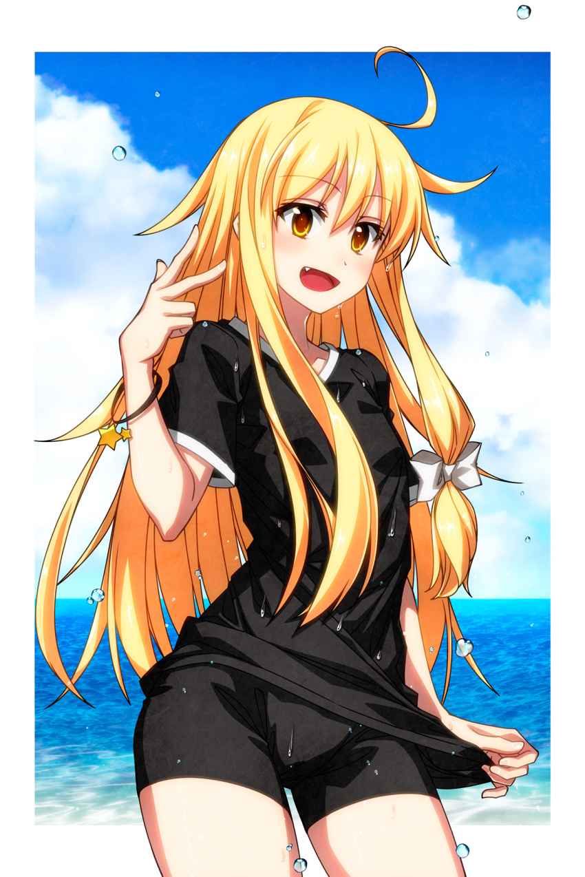 1girl ahoge alternate_costume bangs black_shirt black_shorts blonde_hair blue_sky border bow bracelet breasts clouds cloudy_sky commentary_request fang hair_between_eyes hair_bow hand_up highres jewelry kirisame_marisa long_hair looking_at_viewer no_headwear ocean open_mouth outdoors outside_border sazanami_mio shirt short_shorts short_sleeves shorts sky small_breasts smile solo standing star_(symbol) t-shirt tongue touhou v water water_drop white_border white_bow yellow_eyes