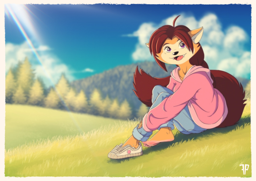 1girl absurdres ahoge animal_ears animal_nose artist_name bangs blue_pants blue_sky blurry blurry_background body_fur border borrowed_character braid braided_ponytail brown_hair clouds collarbone commentary commission day english_commentary fangs feet fox-pop_vli fox_ears fox_girl fox_tail full_body furry furry_female grass hair_intakes happy highres hill knees_up light_rays long_hair long_sleeves looking_at_viewer on_ground open_mouth original outdoors pants pants_rolled_up parted_bangs pink_sweater shoes sidelocks single_braid single_shoe sitting sky sleeves_past_wrists smile solo sunlight sweater tail tree two-tone_fur violet_eyes watermark white_border white_footwear white_fur yellow_fur