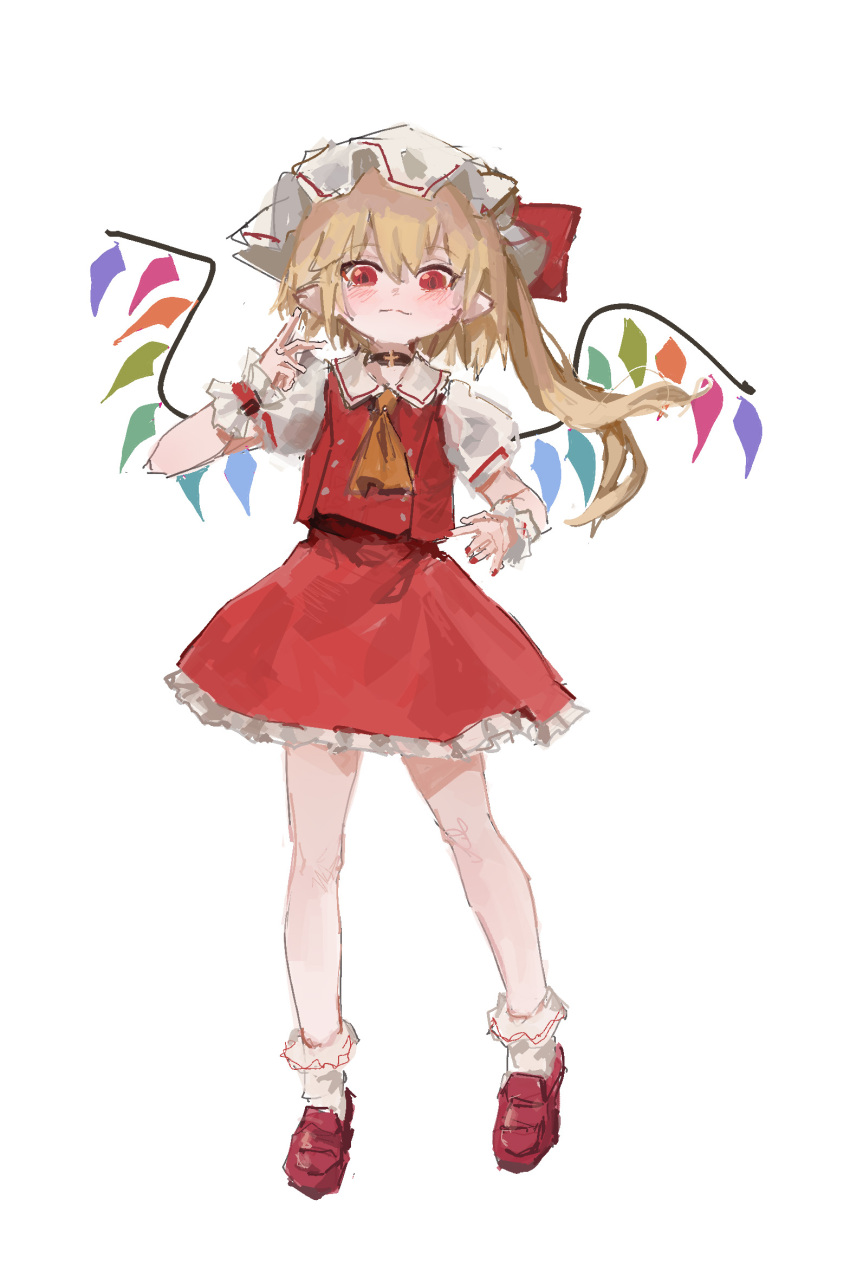 1girl ascot blonde_hair closed_mouth crystal flandre_scarlet full_body hat highres looking_at_viewer mob_cap one_side_up pointy_ears rainbow_order red_eyes reddizen short_sleeves simple_background smile socks solo touhou white_background white_headwear white_socks wings yellow_ascot