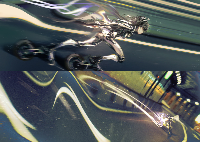 1girl afukuro black_hair commentary_request cyborg engine highres joints leaning_forward long_hair low_ponytail motion_blur original robot_joints roller_skates shoujo_hatsudouki skates speed_lines very_long_hair