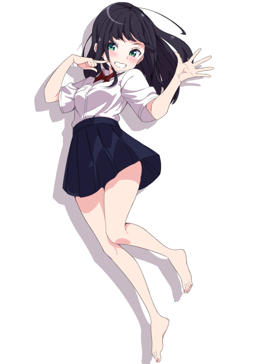 1girl bangs bare_legs barefoot black_hair blue_skirt blush bow bowtie commentary_request feet godai_01 green_eyes hands_up highres knees_together_feet_apart legs long_hair looking_at_viewer nail_polish original pleated_skirt red_bow red_bowtie school_uniform shadow short_sleeves sidelocks simple_background skirt solo swept_bangs teeth thighs toenail_polish toenails toes white_background