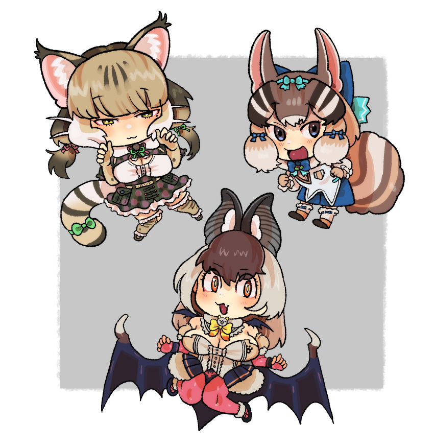 3girls animal_costume animal_ear_fluff animal_ears bat_wings blue_eyes bow bowtie brown_hair brown_long-eared_bat_(kemono_friends) cat_ears cat_girl cat_tail chipmunk_costume chipmunk_ears chipmunk_girl chipmunk_tail extra_ears gloves green_eyes grey_hair highres igarashi_(nogiheta) jungle_cat_(kemono_friends) kemono_friends kemono_friends_v_project kneehighs leotard long_hair looking_at_viewer multicolored_hair multiple_girls orange_hair pantyhose scarf shirt short_hair shorts siberian_chipmunk_(kemono_friends) simple_background skirt socks tail virtual_youtuber white_hair wings