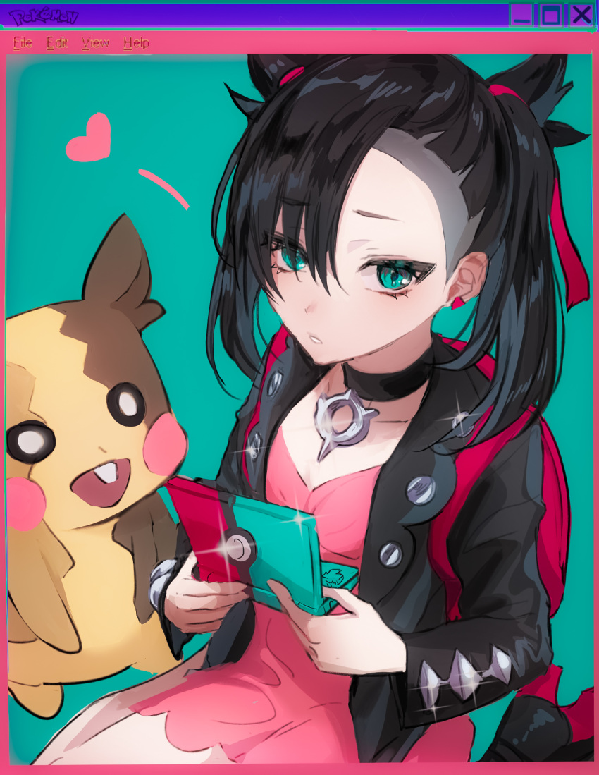 1girl backpack bag bangs belt_collar black_hair breasts collar eyebrows_hidden_by_hair green_eyes hair_over_one_eye handheld_game_console highres jacket ku_ha long_hair looking_at_viewer marnie_(pokemon) nintendo nintendo_ds pokemon sitting sweatshirt twintails