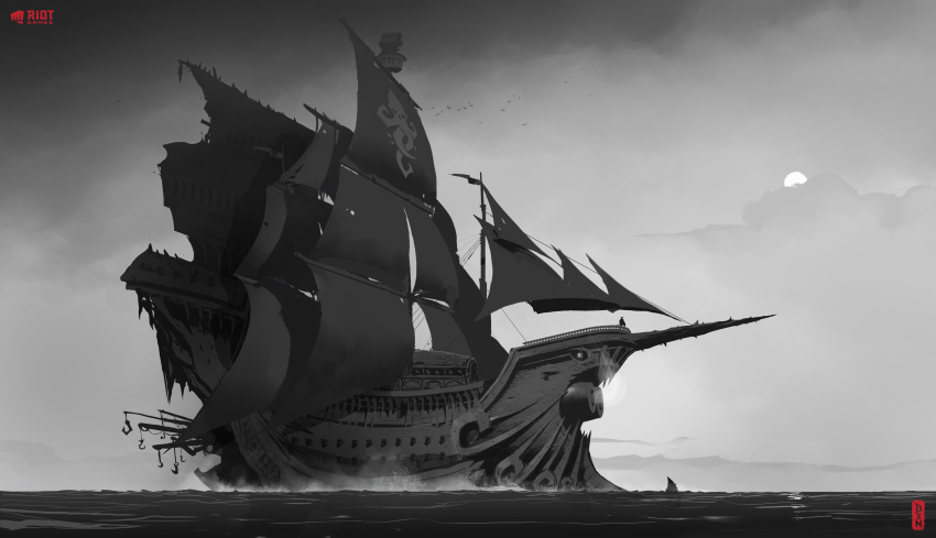 1other absurdres artist_name copyright_name den_(denwhat) highres league_of_legends legends_of_runeterra monochrome ocean outdoors pirate pirate_ship riot_games ship solo standing tagme water watercraft