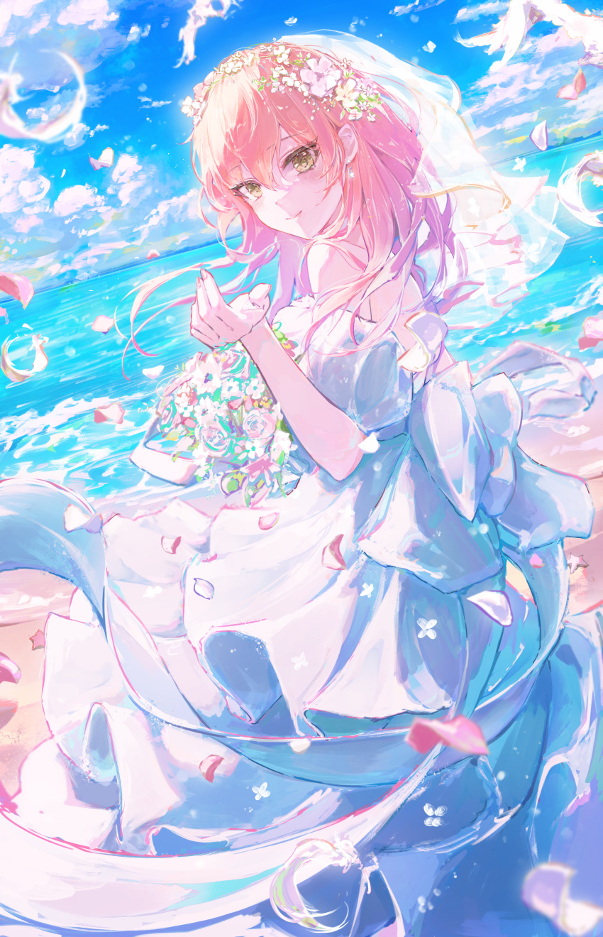 1girl absurdres back_bow blue_sky blush bouquet bow bridal_veil bride clouds dress falling_feathers falling_petals floating_hair fuunyon head_wreath highres holding holding_bouquet idolmaster idolmaster_cinderella_girls jougasaki_mika light_smile looking_at_viewer looking_back off-shoulder_dress off_shoulder petals pink_hair reaching_out sky solo veil white_dress