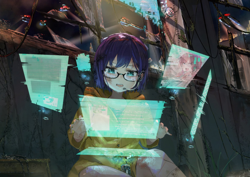 1girl a-chan_(hololive) bangs black-framed_eyewear blue_eyes blue_hair funi_mu9 glasses headset highres hologram holographic_interface holographic_monitor holographic_touchscreen hololive open_mouth short_hair sitting swept_bangs tokino_sora virtual_youtuber yellow_raincoat