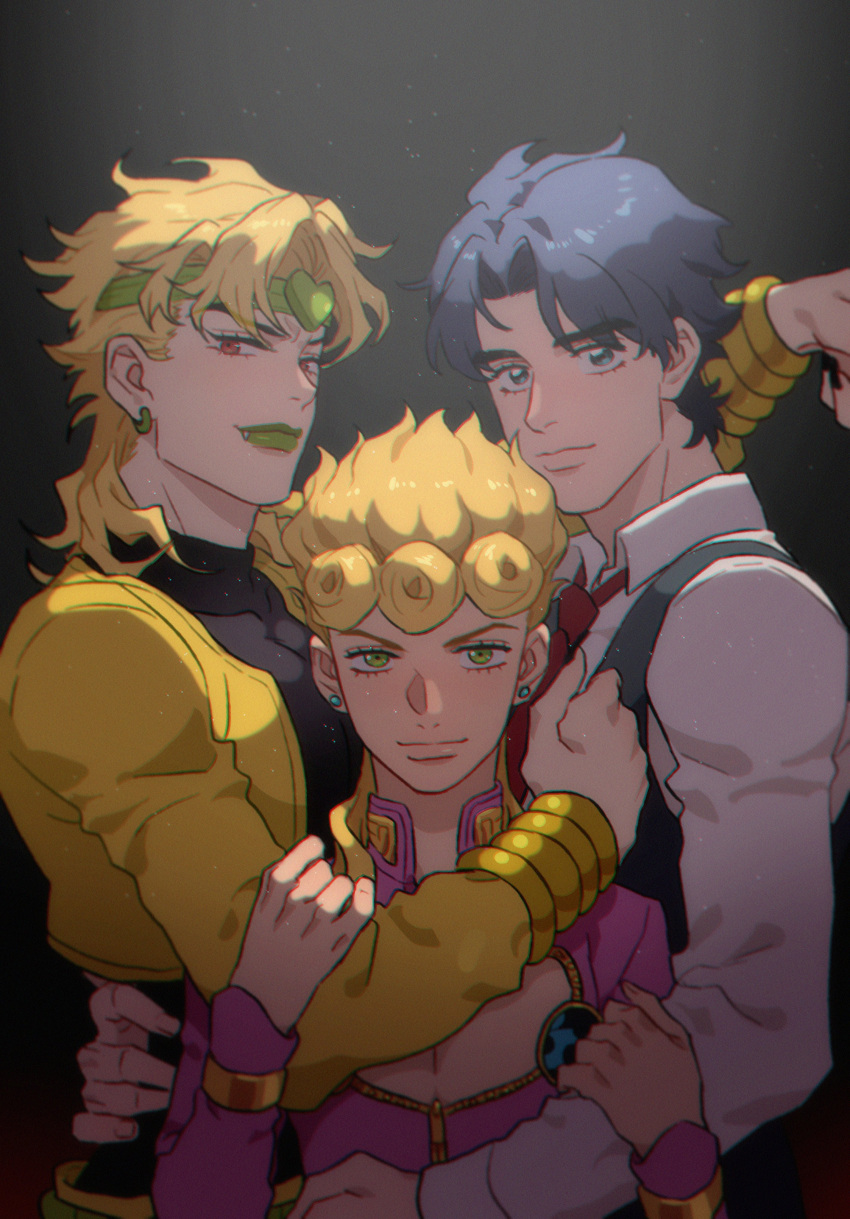 3boys absurdres black_nails blonde_hair blue_eyes blue_hair blue_vest bug closed_mouth cropped_jacket dio_brando earrings english_commentary father_and_son giorno_giovanna green_lips hand_on_another's_waist headband heart highres honlo hug jacket jewelry jojo_no_kimyou_na_bouken jonathan_joestar ladybug leotard long_hair long_sleeves looking_at_viewer male_focus multiple_boys mutual_hug necktie pants pectorals phantom_blood pink_jacket red_eyes red_necktie shirt short_hair smile stardust_crusaders vento_aureo vest white_shirt yellow_jacket yellow_pants