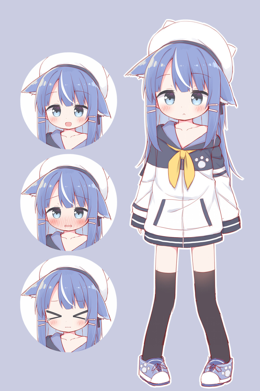 &gt;_&lt; 1girl :&lt; :d absurdres animal_ear_fluff animal_ears animal_hat ayanepuna black_thighhighs blue_background blue_eyes blue_footwear blue_hair blush closed_eyes closed_mouth commentary_request fake_animal_ears hair_ornament hairclip hat highres hood hood_down hooded_jacket jacket long_hair long_sleeves multicolored_hair multiple_views nose_blush original parted_lips shoes sleeves_past_fingers sleeves_past_wrists smile streaked_hair thigh-highs tilted_headwear wavy_mouth white_hair white_headwear white_jacket