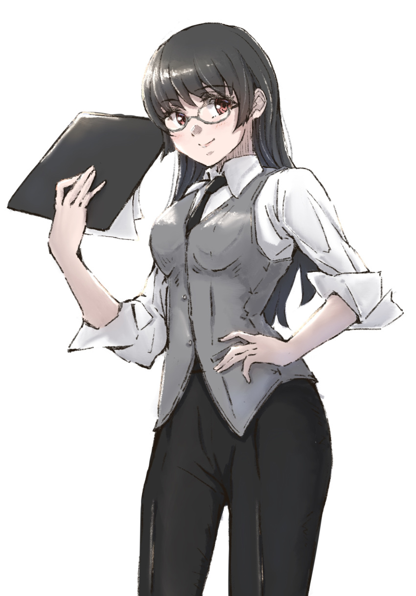 1girl alternate_costume black_hair black_pants choukai_(kancolle) clipboard commentary_request cowboy_shot dress_shirt glasses grey_vest highres kantai_collection ld_(luna_dial398) long_hair looking_at_viewer one-hour_drawing_challenge pants paper red_eyes rimless_eyewear shirt simple_background sleeves_rolled_up solo vest white_background white_shirt
