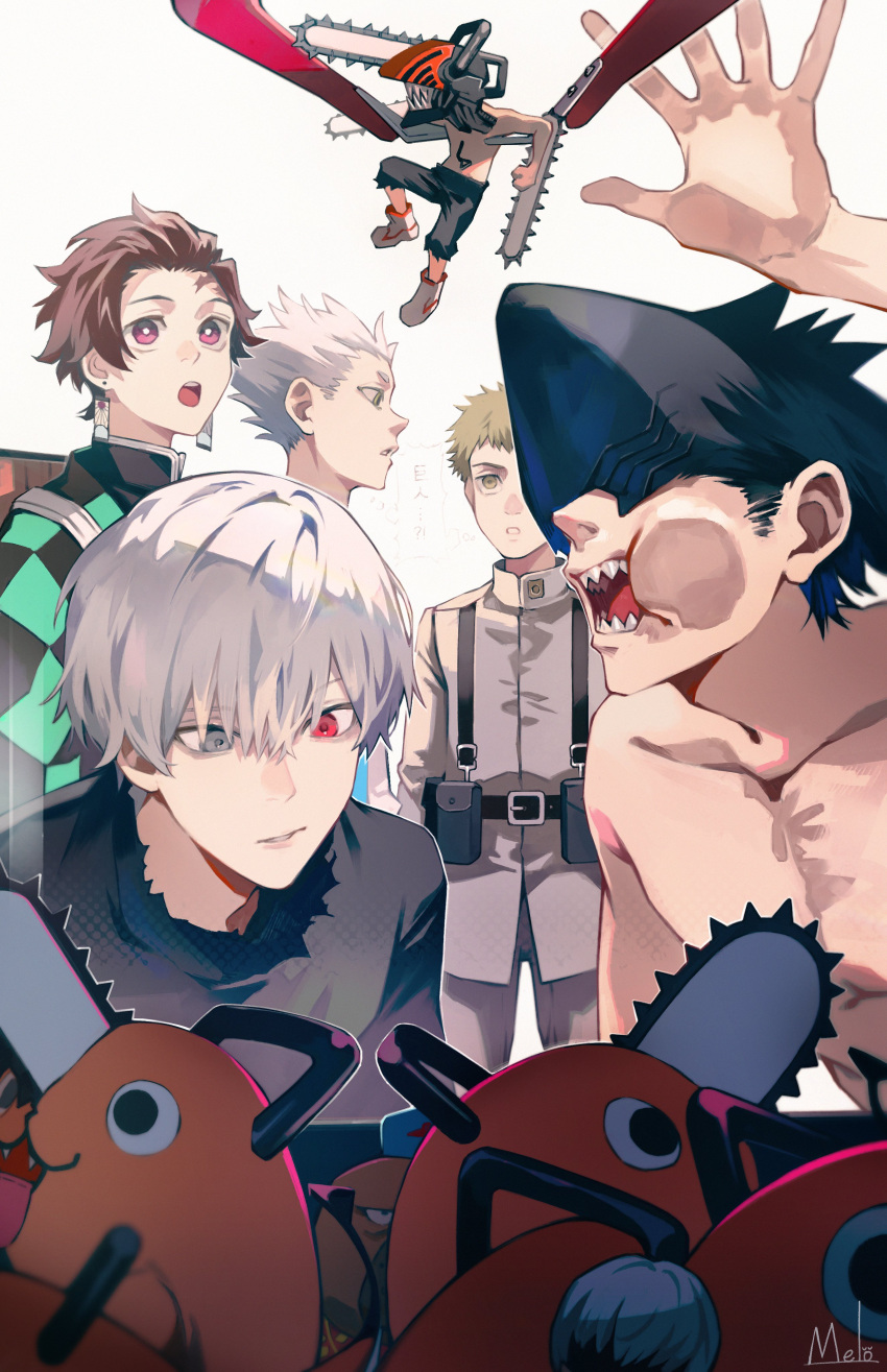 6+boys absurdres blonde_hair brown_hair chainsaw chainsaw_man character_request copyright_request crossover demon_slayer_uniform earrings fangs heterochromia highres horror_(theme) japanese_clothes jewelry jumping kamado_tanjirou kimetsu_no_yaiba kyuuba_melo male_focus multiple_boys multiple_crossover short_hair tassel tassel_earrings teeth topless_male upper_teeth weapon white_hair