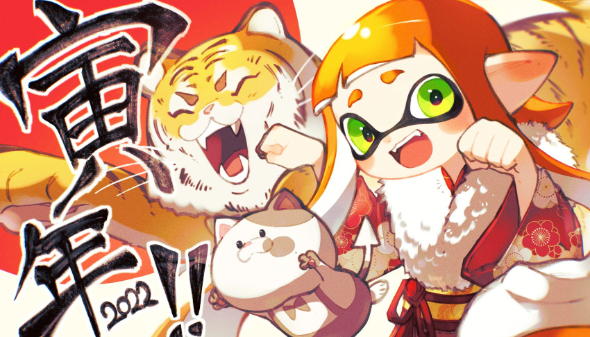1girl 2022 :d animal cat chinese_zodiac fangs floral_print fur_collar green_eyes hands_up highres inari1369 inkling inkling_girl japanese_clothes kimono kitten li'l_judd_(splatoon) long_hair long_sleeves new_year obi open_mouth orange_hair paw_pose pointy_ears red_kimono sash smile splatoon_(series) teeth tentacle_hair tiger wide_sleeves year_of_the_tiger