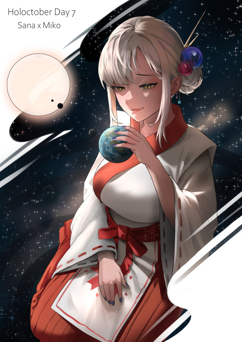 1girl absurdres bangs blonde_hair earth_(planet) hair_ornament hakama hakama_skirt highres hololive hololive_english japanese_clothes long_hair miko planet planet_hair_ornament red_hakama skirt smile solo space tanukidraws tsukumo_sana universe very_long_hair virtual_youtuber yellow_eyes