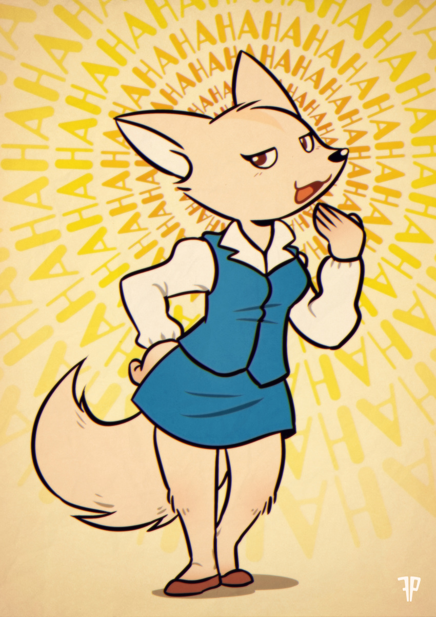 1girl :3 absurdres aggressive_retsuko animal_ears animal_nose artist_name blue_skirt blue_vest body_fur breasts brown_eyes brown_footwear collared_shirt commentary english_commentary english_text fenneko fox-pop_vli fox_ears fox_girl fox_tail full_body furry furry_female half-closed_eyes hand_on_hip hand_to_own_mouth hand_up happy heel_up highres laughing legs long_sleeves looking_to_the_side miniskirt office_lady open_mouth shirt shoes skirt small_breasts smile smug snout solo standing tail text_background vest watermark white_shirt yellow_background yellow_fur