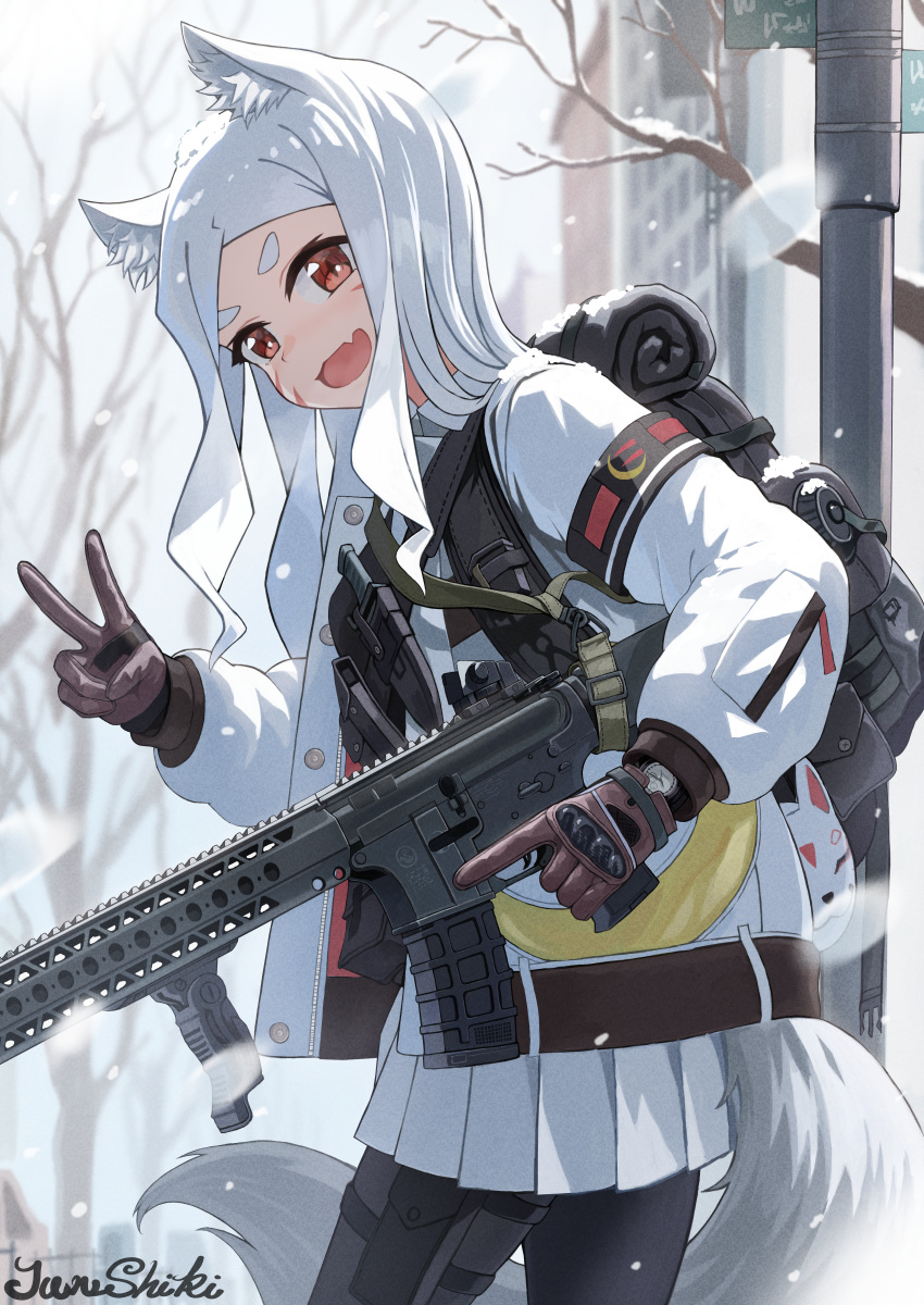 1girl :d absurdres animal_ears backpack bag bangs bare_tree black_pantyhose blush brown_eyes brown_gloves commentary_request day facial_mark fang fox_ears fox_girl fox_tail gloves gun highres holding holding_gun holding_weapon jacket junshiki long_hair long_sleeves outdoors pantyhose parted_bangs pleated_skirt pole sewayaki_kitsune_no_senko-san shiro_(sewayaki_kitsune_no_senko-san) short_eyebrows signature skirt smile snowing solo tail thick_eyebrows tree trigger_discipline v very_long_hair weapon weapon_request whisker_markings white_hair white_jacket white_skirt