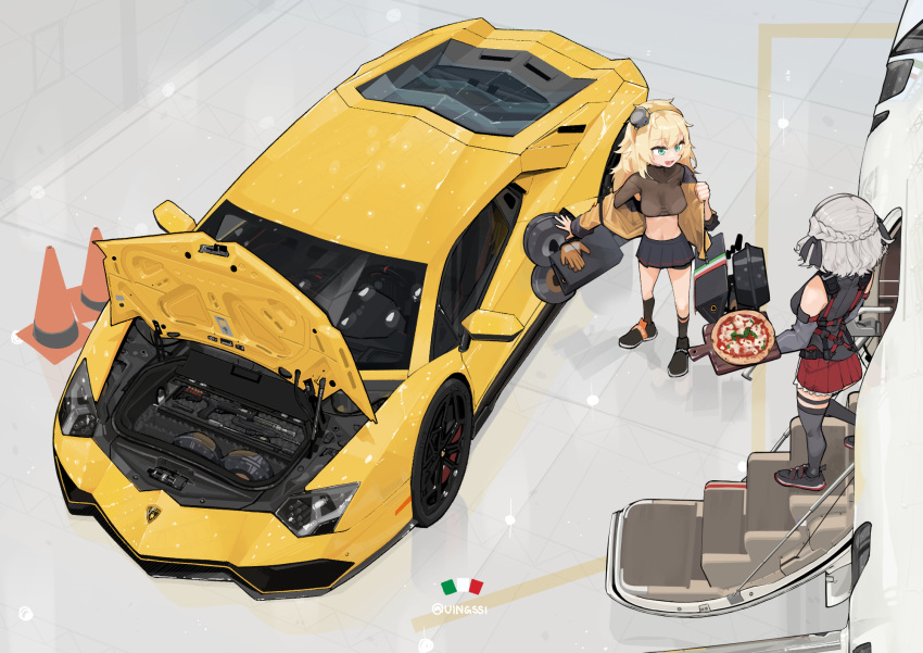 2girls aircraft airplane bangs black_footwear black_ribbon black_skirt black_socks black_thighhighs blonde_hair braid breasts brown_gloves car dongdong_(0206qwerty) food girls_frontline gloves green_eyes ground_vehicle hair_ribbon hangar harness highres holding holding_food holding_pizza indoors italian_flag jacket lamborghini lamborghini_aventador load_bearing_equipment long_hair medium_breasts medium_hair messy_hair motor_vehicle multiple_girls navel pizza red_skirt ribbon s.a.t.8_(girls'_frontline) shoes sidelocks skirt socks spas-12_(girls'_frontline) sports_car stairs thigh-highs traffic_cone vehicle_focus wavy_hair white_hair