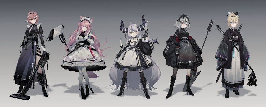 5girls absurdly_long_hair absurdres ahoge animal_ears antenna_hair apron bangs black_dress black_footwear black_gloves black_hair black_jacket black_kimono black_shirt black_skirt black_thighhighs blonde_hair blue_eyes boots braid braided_bun brown_eyes brown_pantyhose character_name closed_mouth crossed_bangs demon_horns dog_tags double_bun dress drone full_body gloves grey_hair hair_between_eyes hair_bun hair_ornament hair_ribbon hakui_koyori haori head_wings high_heel_boots high_heels highres holding holding_weapon hololive holox horns ishihara_(kuniyoshi) jacket japanese_clothes juliet_sleeves kazama_iroha kimono knee_boots la+_darknesss long_hair long_sleeves looking_at_viewer maid_headdress medium_hair multicolored_hair multiple_girls necktie off_shoulder open_clothes open_jacket pantyhose parted_lips pink_hair puffy_sleeves purple_hair red_eyes ribbon sakamata_chloe shirt short_hair single_leg_pantyhose skirt standing streaked_hair sword sword_on_back tail takane_lui thigh-highs vacuum_cleaner very_long_hair virtual_youtuber weapon weapon_on_back white_apron white_dress white_necktie white_pantyhose wolf_ears wolf_tail x_hair_ornament yellow_eyes zipper