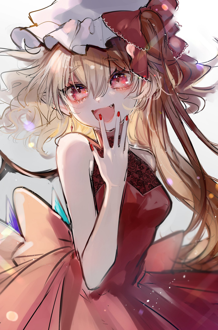 1girl :d back_bow blonde_hair bow commentary crystal dress fang fingernails flandre_scarlet hair_between_eyes hair_bow hand_up hat hat_bow highres long_hair looking_at_viewer mob_cap nail_polish open_mouth red_bow red_dress red_eyes red_nails side_ponytail simple_background sketch smile solo suzune_hapinesu touhou upper_body white_background white_headwear wings