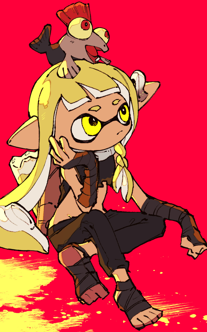 1girl agent_3_(splatoon_3) asymmetrical_hair bandaged_arm bandaged_foot bandaged_hand bandages black_pants black_shirt blonde_hair braid closed_mouth earpiece frown groin hand_on_own_face hand_up highres inari1369 inkling inkling_girl little_buddy_(splatoon) long_hair lowleg lowleg_pants no_nose on_head pants pointy_ears salmonid shirt sitting sleeveless sleeveless_shirt smallfry_(splatoon) splatoon_(series) splatoon_3 squidbeak_splatoon suction_cups sweatpants tentacle_hair torn_clothes torn_shirt yellow_eyes