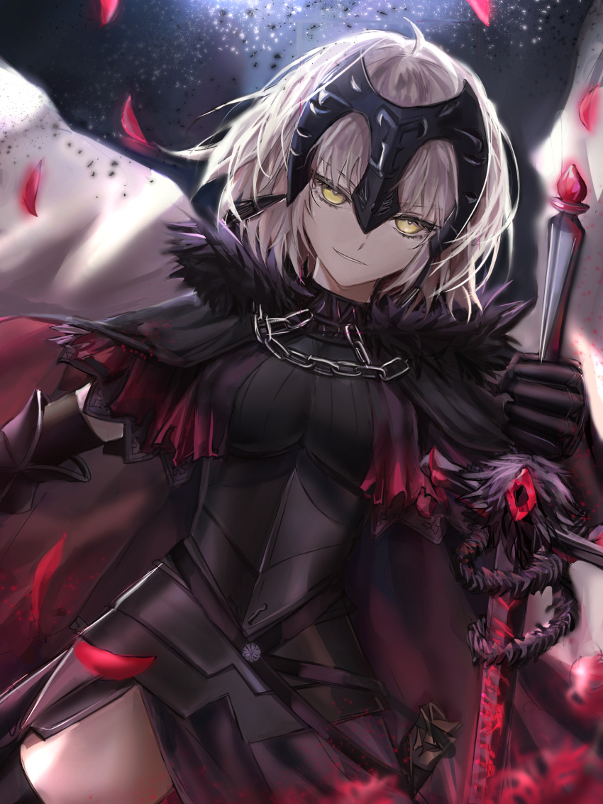 1girl ahoge armor armored_dress bangs black_gloves black_thighhighs breasts chain elbow_gloves eyebrows_hidden_by_hair falling_petals fate/grand_order fate_(series) gloves grey_hair headpiece highres holding holding_sword holding_weapon jeanne_d'arc_alter_(avenger)_(fate) jeanne_d'arc_alter_(fate) ku_ha looking_at_viewer petals short_hair skirt smile solo sword thigh-highs weapon yellow_eyes
