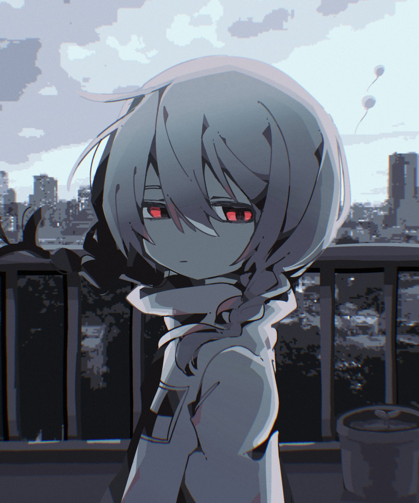 1girl bangs braid brown_hair cityscape closed_mouth expressionless eyebrows_hidden_by_hair hair_between_eyes highres long_sleeves madotsuki outdoors red_eyes side_braid skyline solo soresaki sweater turtleneck turtleneck_sweater upper_body yume_nikki