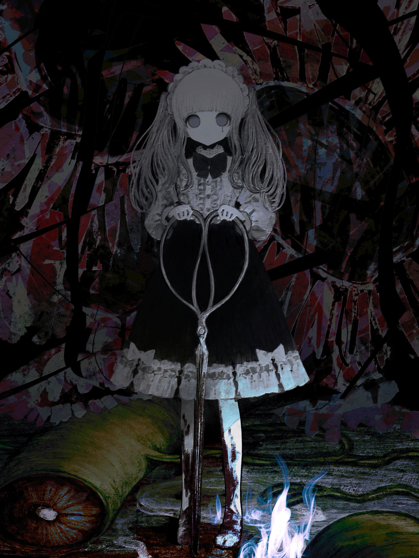 1girl absurdres bangs black_skirt blue_fire blunt_bangs fire frilled_shirt frills full_body glowing grey_eyes grey_hair highres long_hair long_sleeves looking_at_viewer nurie7 original oversized_object scissors shirt skirt solo standing white_shirt