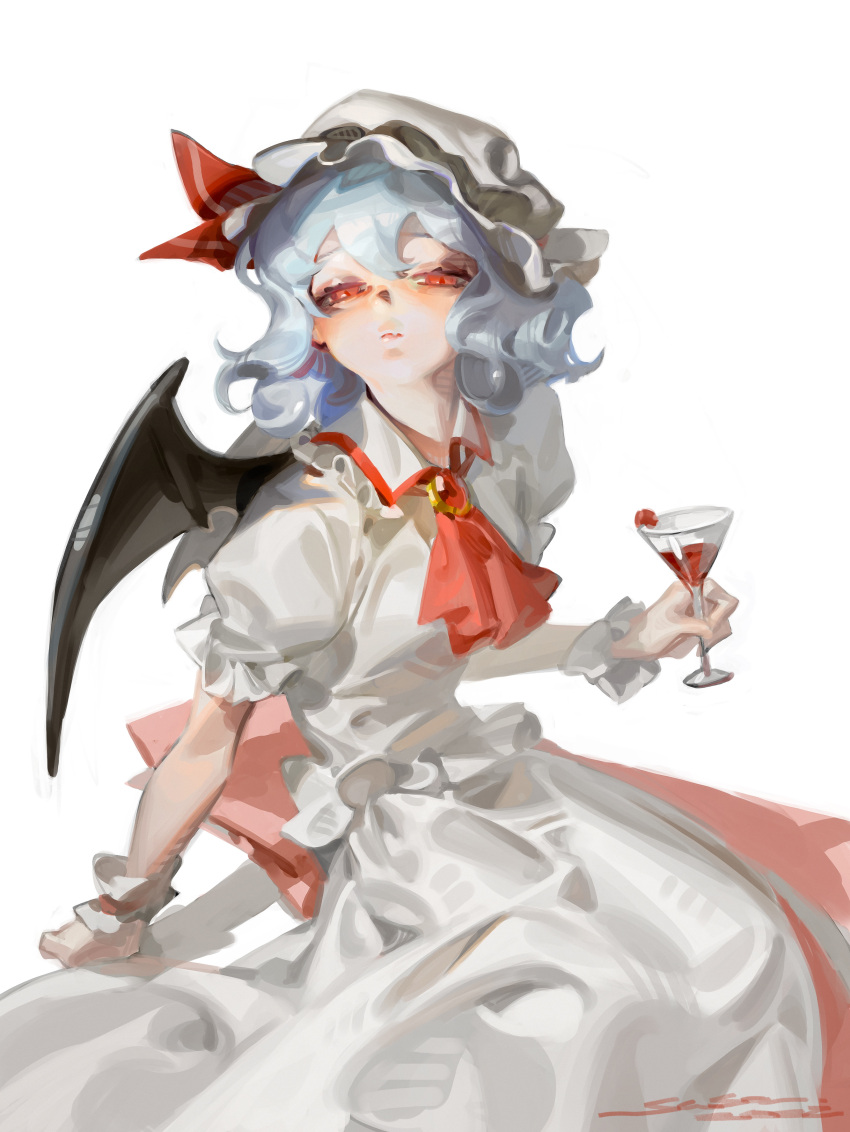 1girl absurdres arm_support ascot bat_wings blue_hair breasts brooch closed_mouth cup dress drinking_glass english_commentary expressionless fang feet_out_of_frame frilled_shirt_collar frills half-closed_eyes hat hat_ribbon highres holding holding_cup jewelry looking_at_viewer medium_hair mob_cap puffy_short_sleeves puffy_sleeves red_ascot red_eyes remilia_scarlet ribbon short_sleeves simple_background sitting skin_fang small_breasts solo touhou white_background white_dress white_headwear wine_glass wings wrist_cuffs xiaxia