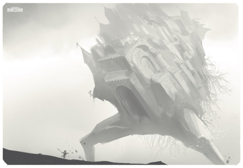 1other animal border building castle den_(denwhat) giant greyscale highres holding holding_weapon horse league_of_legends legends_of_runeterra monochrome standing weapon white_border