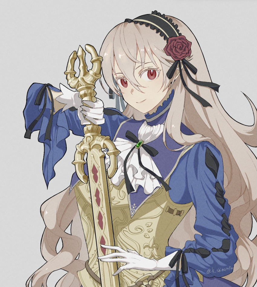 1girl ascot bangs black_hairband black_ribbon blue_shirt bustier closed_mouth corrin_(fire_emblem) corrin_(fire_emblem)_(female) fire_emblem fire_emblem_fates flower frilled_hairband frills gem gloves green_gemstone grey_background grey_hair hair_between_eyes hair_flower hair_ornament hair_ribbon hairband highres holding holding_sword holding_weapon karashino long_hair long_sleeves neck_ribbon red_eyes red_flower red_rose ribbon rose shiny shiny_hair shirt simple_background smile solo sword twitter_username very_long_hair weapon white_ascot white_gloves yellow_bustier