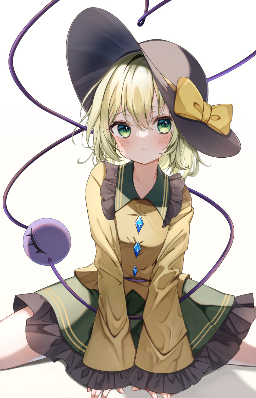 1girl absurdres bangs black_headwear blouse blush bow buttons closed_mouth diamond_button eyeball feet_out_of_frame frilled_shirt_collar frilled_skirt frilled_sleeves frills frown furrowed_brow green_eyes green_skirt hat hat_bow hat_ribbon heart heart_of_string highres komeiji_koishi light_green_hair long_sleeves looking_to_the_side medium_hair on_ground ribbon shirt simple_background sitting skirt solo third_eye touhou wavy_hair white_background wide_sleeves wide_spread_legs yellow_bow yellow_ribbon yellow_shirt yuineko