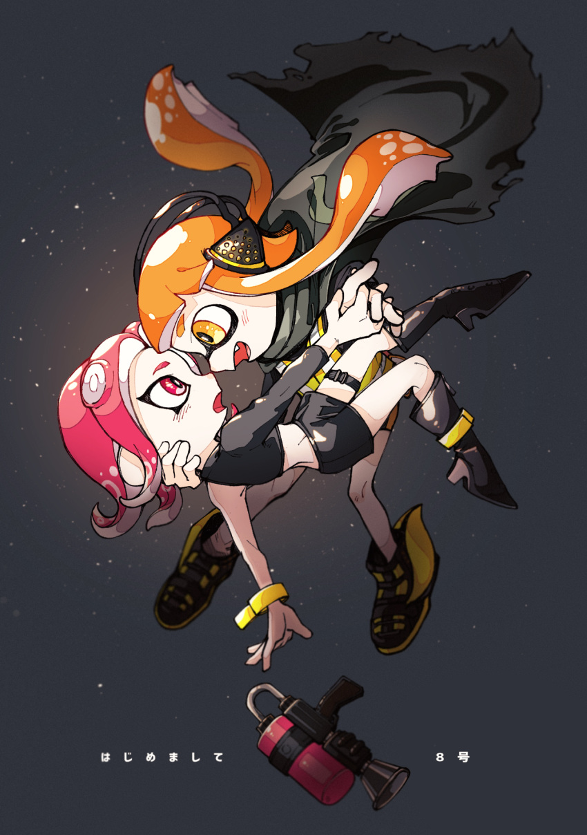 2girls :d agent_3_(splatoon) agent_8_(splatoon) black_cape black_footwear boots cape dropping eye_contact fang grey_background hand_on_another's_head headgear high-visibility_vest high_heel_boots high_heels highres holding_hands inari1369 inkling inkling_girl interlocked_fingers knee_boots long_hair looking_at_another multiple_girls octarian octoling octoling_girl octoshot_(splatoon) open_mouth orange_eyes orange_hair pink_eyes pink_hair single_bare_shoulder single_sleeve smile splatoon_(series) splatoon_2 splatoon_2:_octo_expansion squidbeak_splatoon suction_cups tentacle_hair thigh_strap torn_cape torn_clothes