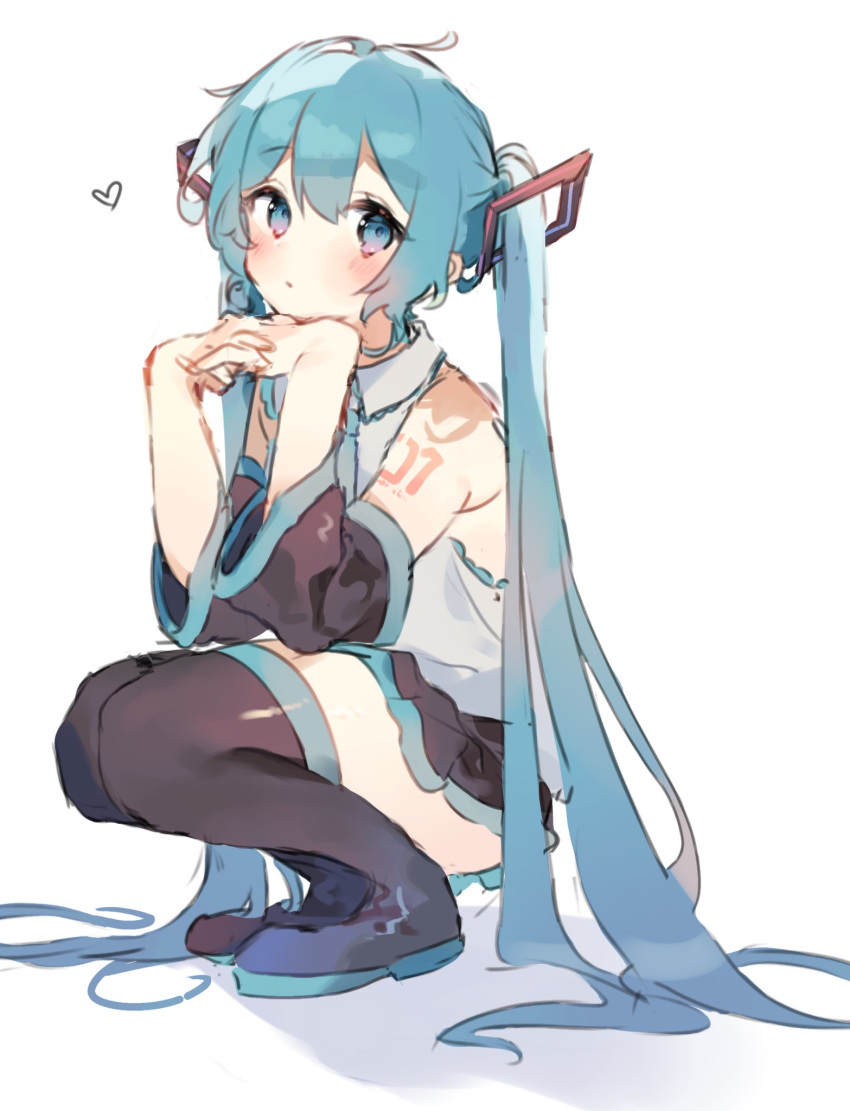 1girl aqua_eyes aqua_hair black_skirt black_thighhighs closed_mouth detached_sleeves full_body hatsune_miku heart highres long_hair looking_at_viewer number_tattoo o_(jshn3457) own_hands_together shirt simple_background sitting skirt solo squatting tattoo thigh-highs twintails vocaloid white_background white_shirt