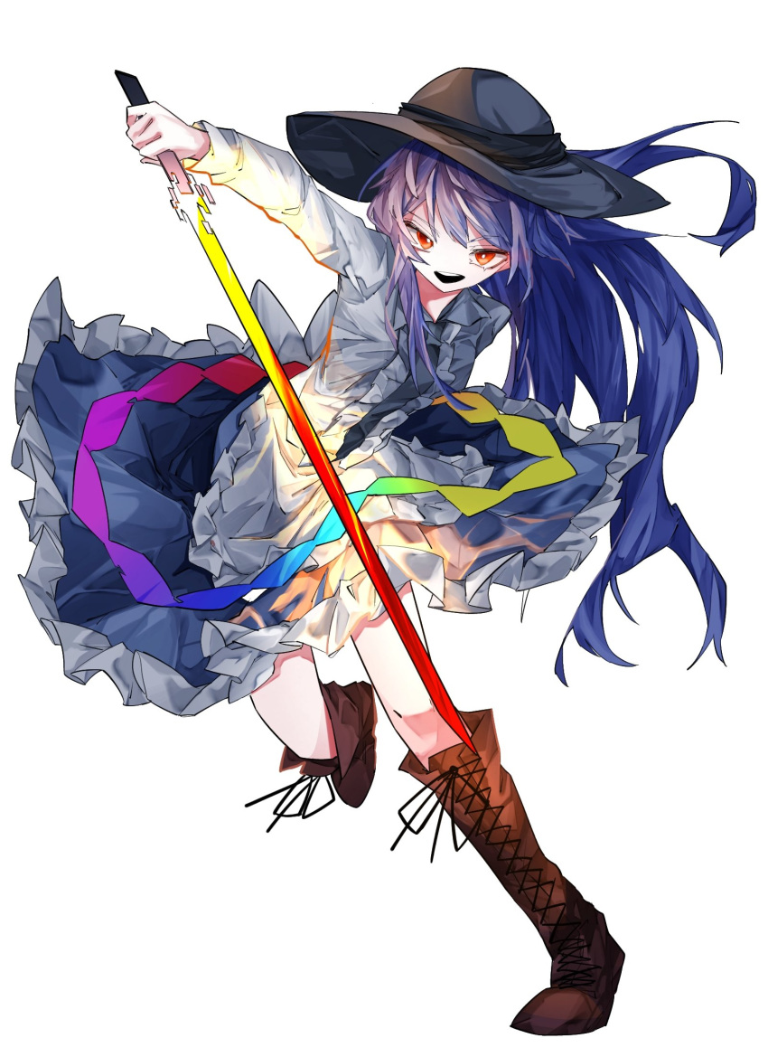 1girl apron black_headwear blouse blue_bow blue_hair blue_skirt bow bowtie brown_footwear buttons cross-laced_footwear dress_shirt frills hat highres hinanawi_tenshi long_hair neck_ribbon puffy_short_sleeves puffy_sleeves rainbow_order red_bow red_eyes ribbon shirt shoes short_sleeves skirt solo sword_of_hisou touhou vivo_(vivo_sun_0222) white_shirt wing_collar