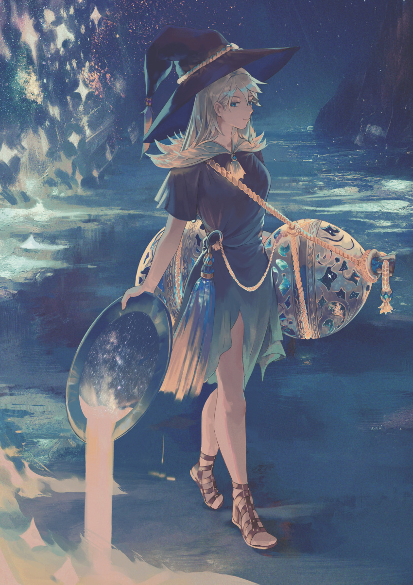 1girl absurdres bangs black_dress blue_eyes breasts closed_mouth dress hat highres holding holding_plate klegsart light_smile long_hair looking_at_viewer medium_breasts object_request original plate rope sand sandals short_sleeves solo standing white_hair witch witch_hat