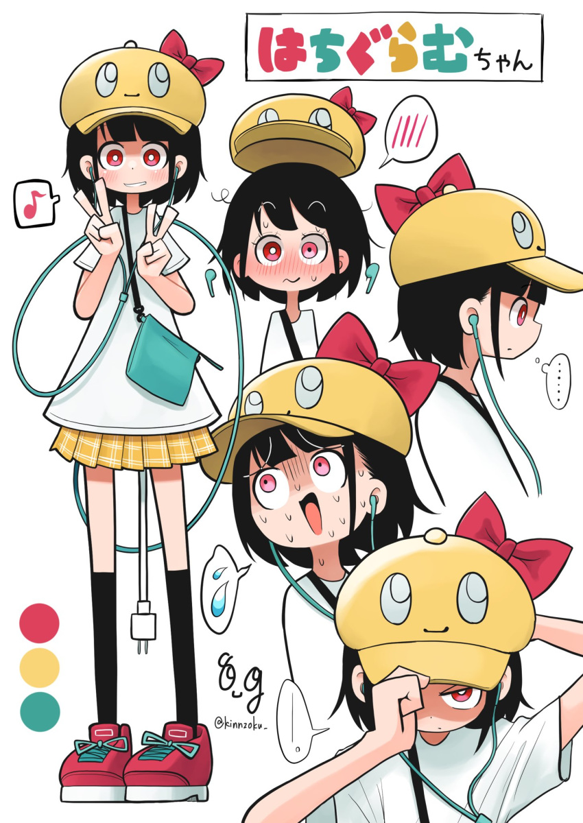 ... 1girl adjusting_clothes adjusting_headwear baseball_cap black_hair black_socks blush bow bright_pupils closed_mouth double_v earphones earphones flying_sweatdrops grin hat highres kinnzoku kneehighs looking_at_viewer looking_away musical_note open_mouth original parted_lips red_bow red_eyes red_footwear shoes short_hair smile sneakers socks speech_bubble spoken_blush spoken_ellipsis spoken_flying_sweatdrops spoken_musical_note teeth thought_bubble translation_request v white_pupils yellow_headwear