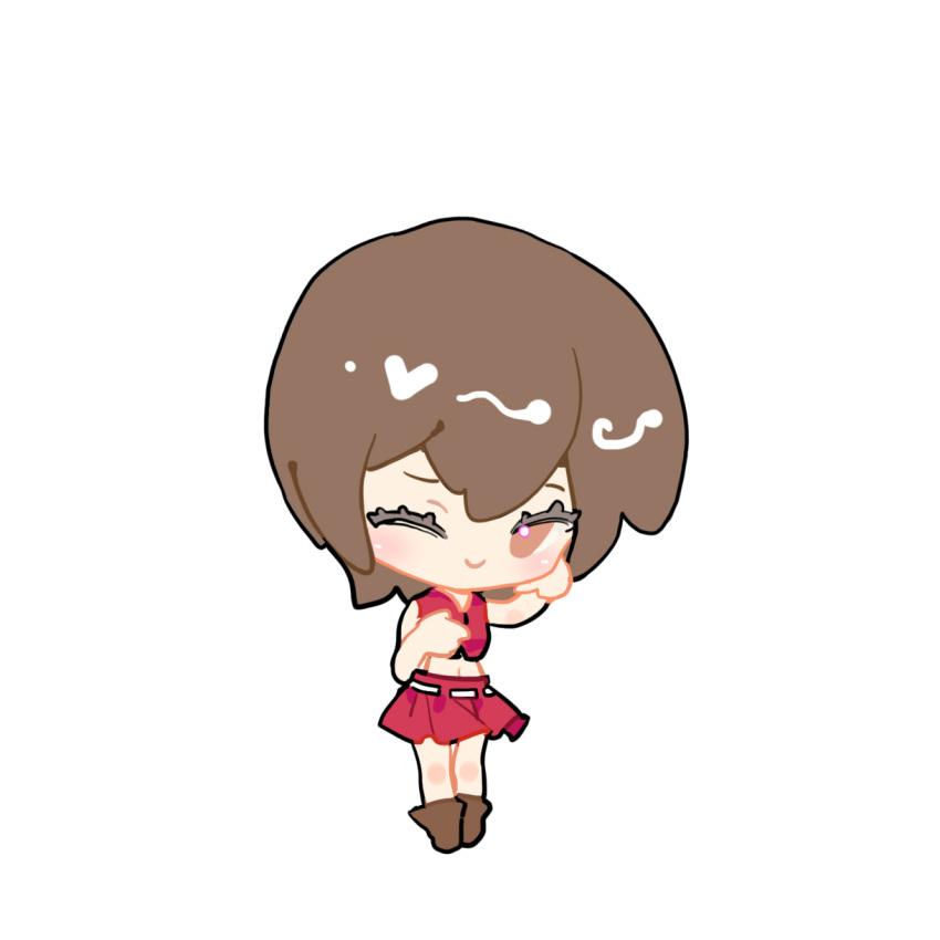 1girl brown_eyes brown_footwear brown_hair chibi chinese_commentary closed_mouth full_body hand_on_own_chest hands_up highres indai_(3330425) light_blush meiko midriff red_shirt red_skirt shirt short_hair simple_background skirt sleeveless sleeveless_shirt smile solo vocaloid white_background