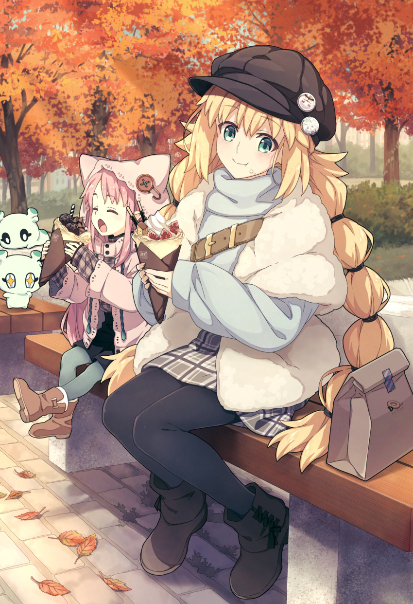 2girls alternate_costume artoria_caster_(fate) artoria_pendragon_(fate) autumn autumn_leaves bangs black_footwear black_headwear black_pantyhose black_skirt blonde_hair blue_sweater blush brown_footwear cabbie_hat cernunnos_(fate) character_print closed_eyes commentary_request contemporary creature eating fate/grand_order fate_(series) food food_on_face fou_(fate) fur-trimmed_vest fur_trim grey_pantyhose habetrot_(fate) hair_between_eyes hat highres holding holding_food hood hood_up hooded_jacket jacket kon_(fate) long_hair long_sleeves looking_at_viewer miniskirt multi-tied_hair multiple_girls open_clothes open_jacket outdoors pantyhose pink_hair pink_jacket plaid plaid_skirt pointy_ears saipaco shoes sitting size_difference skirt sweater tree twintails very_long_hair vest