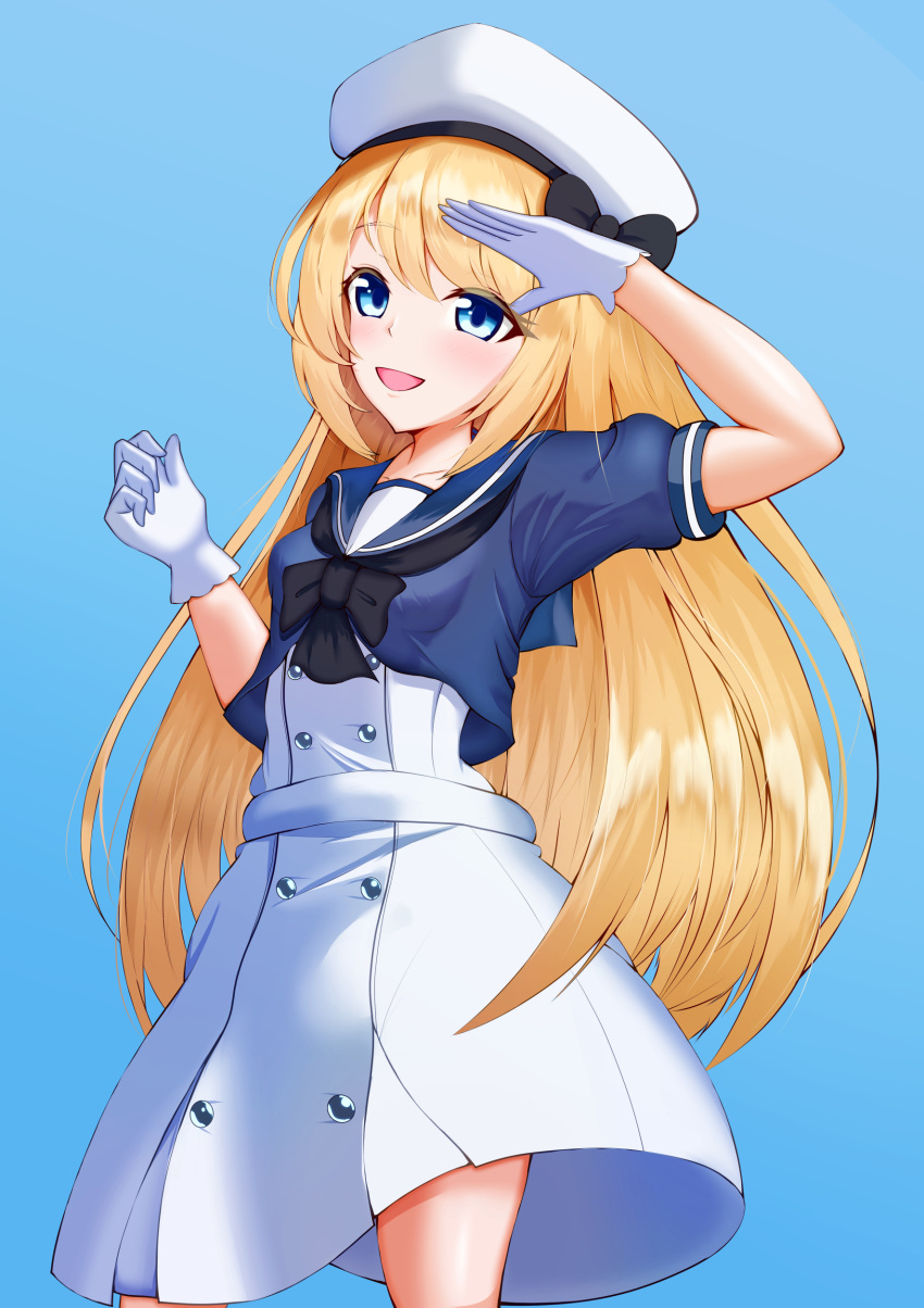 absurdres artist_request beret blonde_hair blue_background blue_eyes breasts collarbone dress gloves hat highres jervis_(kancolle) kantai_collection long_hair salute simple_background small_breasts white_dress white_gloves