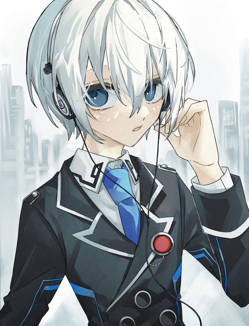 1girl absurdres androgynous bangs black_jacket blue_eyes blue_necktie choujigen_game_neptune_mk2 collared_shirt commentary commentary_request commission hair_between_eyes headphones highres iroa_xxxx jacket jinguuji_kei long_sleeves necktie neptune_(series) parted_lips shirt short_hair skeb_commission solo upper_body white_hair white_shirt