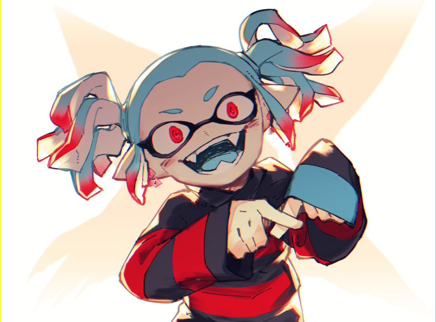 1girl :d blue_hair blue_tongue colored_tongue earrings fangs gradient_hair highres inari1369 jewelry light_blue_hair long_sleeves looking_at_viewer multicolored_hair open_mouth pointy_ears red_eyes red_sole-chan_(splatoon) redhead shirt short_hair sleeves_past_wrists smile solo splatoon_(manga) splatoon_(series) striped striped_shirt suction_cups teeth tentacle_hair twintails two-tone_hair x_fingers